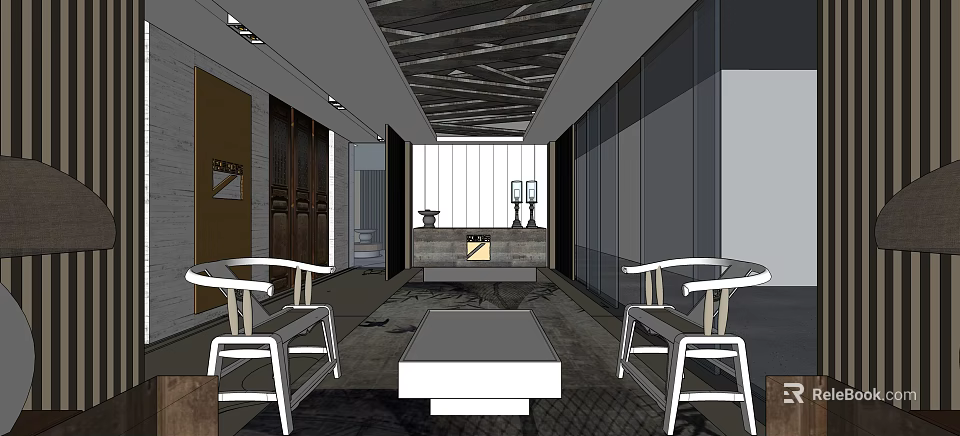 Modern Leisure Area Interior With White Chairs Coffee Table And Ceiling Design 3d model 