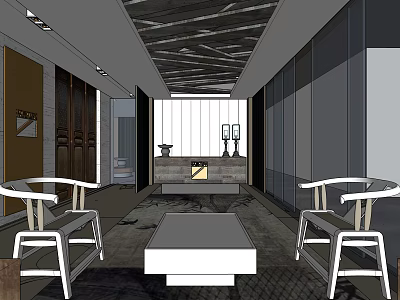 Modern Leisure Area Interior With White Chairs Coffee Table And Ceiling Design 3d model
