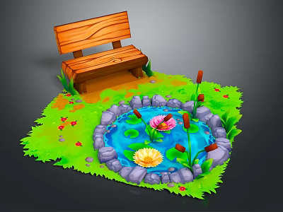 Cartoon Garden Scene With Wooden Bench Small Pond Water Lilies Lotus Flowers And Green Grass 3d model