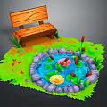 Cartoon Garden Scene With Wooden Bench Small Pond Water Lilies Lotus Flowers And Green Grass