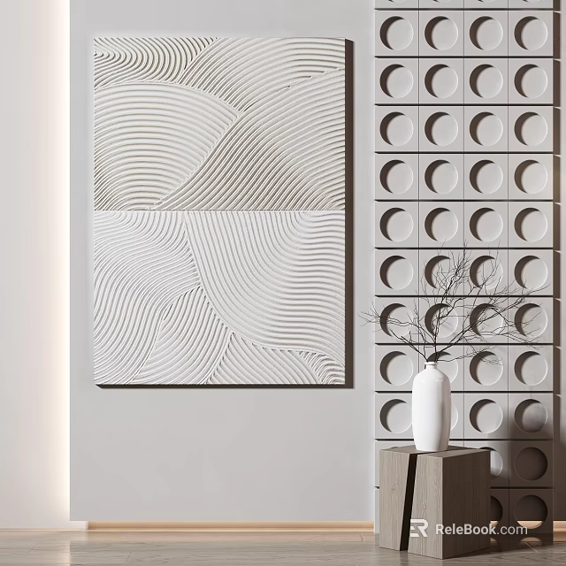 Decorative Wall Panels With Wave Lines And Circular Cutouts Near Vase With Branches 3d model
