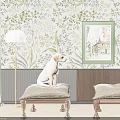 Upholstered Ottomans With Wooden Legs In Living Room With Dog Floral Wallpaper And Floor Lamp