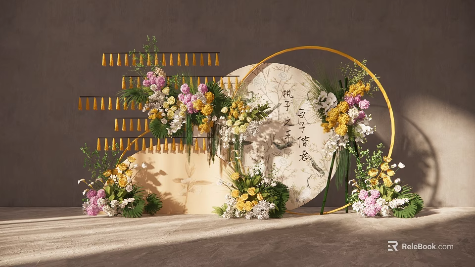Elegant Floral Arrangement With Golden Circular Frame Strip Decor And Calligraphy Backdrop 3d model 