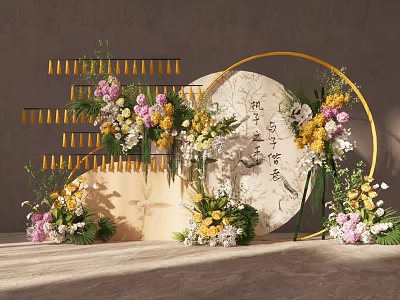 Elegant Floral Arrangement With Golden Circular Frame Strip Decor And Calligraphy Backdrop 3d model
