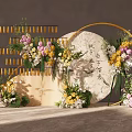 Elegant Floral Arrangement With Golden Circular Frame Strip Decor And Calligraphy Backdrop