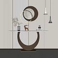 Modern Console Table With Gold Circular Base And Decorative Deer Figurine On Striped Wall Background