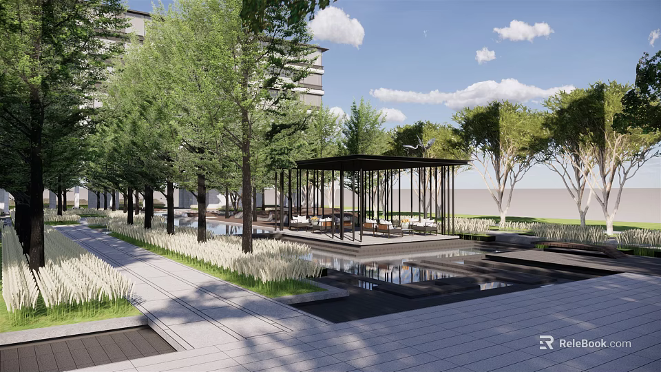 Scenic Residential Landscape With Lush Trees Open Pavilion Reflective Water And Stone Walkway 3d model 