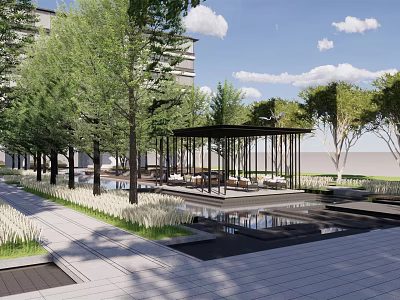Scenic Residential Landscape With Lush Trees Open Pavilion Reflective Water And Stone Walkway 3d model