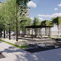 Scenic Residential Landscape With Lush Trees Open Pavilion Reflective Water And Stone Walkway