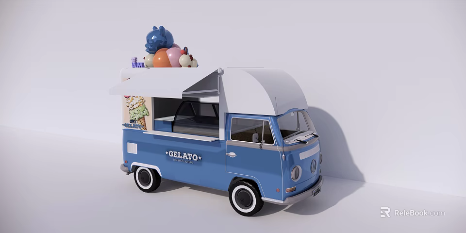 Vintage Blue Gelato Truck With Ice Cream Scoops On Roof And GELATO Sign 3d model 