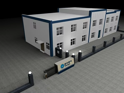 Industrial Factory Building Exterior With White And Blue Structure Fence Gate Signboard And Windows 3d model