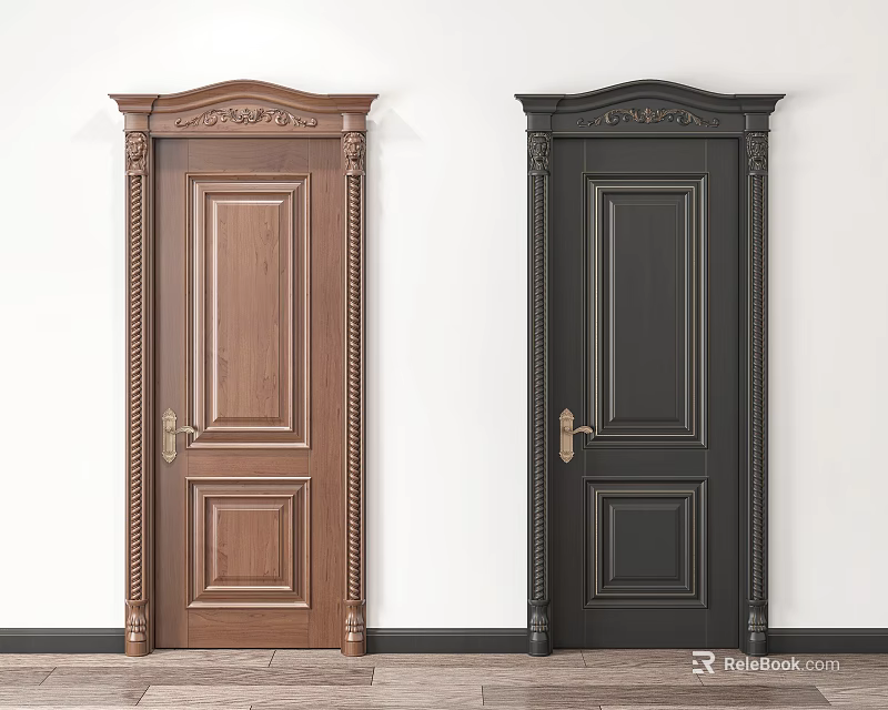 Classic Hinged Doors With Carved Frames In Brown And Black Colors 3d model