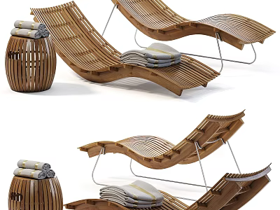 Modern Wooden Lounge Chair Design With Side Table And Stacked Towels 3d model