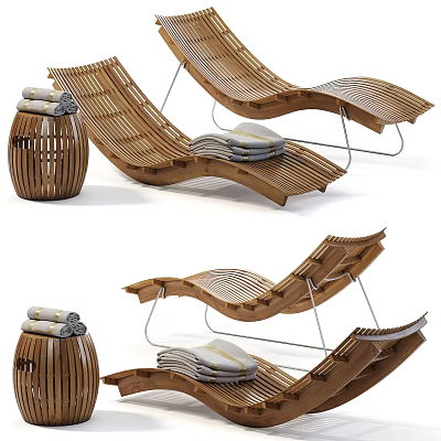 Modern Wooden Lounge Chair Design With Side Table And Stacked Towels 3d model