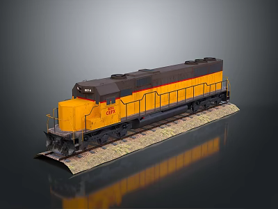 Detailed Yellow And Black Model Train Locomotive On Track With Reflective Background 3d model