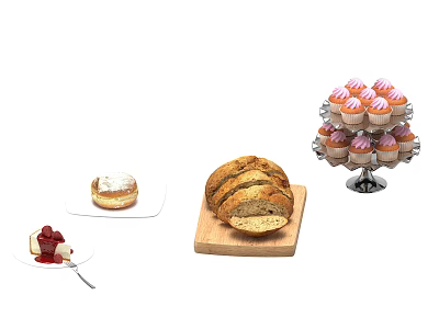 Assorted Pastries Donut Sliced Bread Dessert And Cupcakes On Wooden Board And Stand 3d model