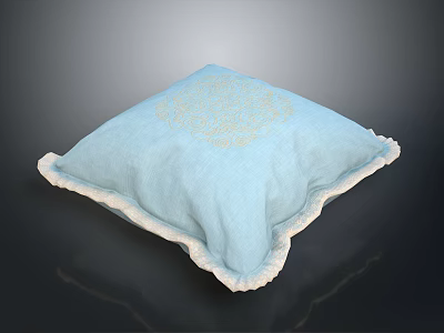 Light Blue Decorative Pillow With White Lace Trim And Gold Embroidery Pattern 3d model