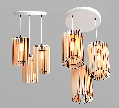 Modern Wooden Hanging Pendant Lights With Multiple Cylindrical Shades And Warm Glow 3d model