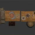 Rustic Wooden Table Setup With Barrel Stool Sack And Hanging Dried Plants
