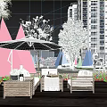 Elegant Residential Landscape With Wooden Deck Outdoor Furniture White Umbrella And Green Trees