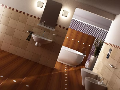 Bathroom Sink Design With Tiled Walls Wooden Flooring Mirror Bathtub And Toilet 3d model
