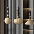 Three Elegant Pendant Lights With Wooden Base And Textured Beige Lampshades In Modern Interior