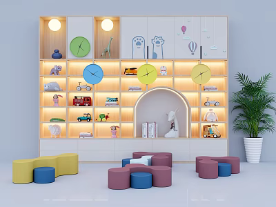 Colorful Kids Bookcase With Storage Shelves Toys Clocks Decorative Lighting And Colorful Stools 3d model