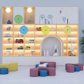 Colorful Kids Bookcase With Storage Shelves Toys Clocks Decorative Lighting And Colorful Stools