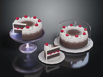 Delicious Chocolate Cake Topped With Cherries And Cream Sliced On Pedestal Tray And Covered Whole 3d model