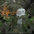 Natural Cave Entrance View with Flowing Stream and Overcast Sky like Lush Vegetation and Rocks