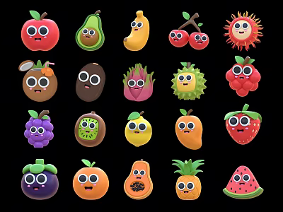 Cute Cartoon Fruit Grape Banana Pineapple Apple Watermelon 3d model