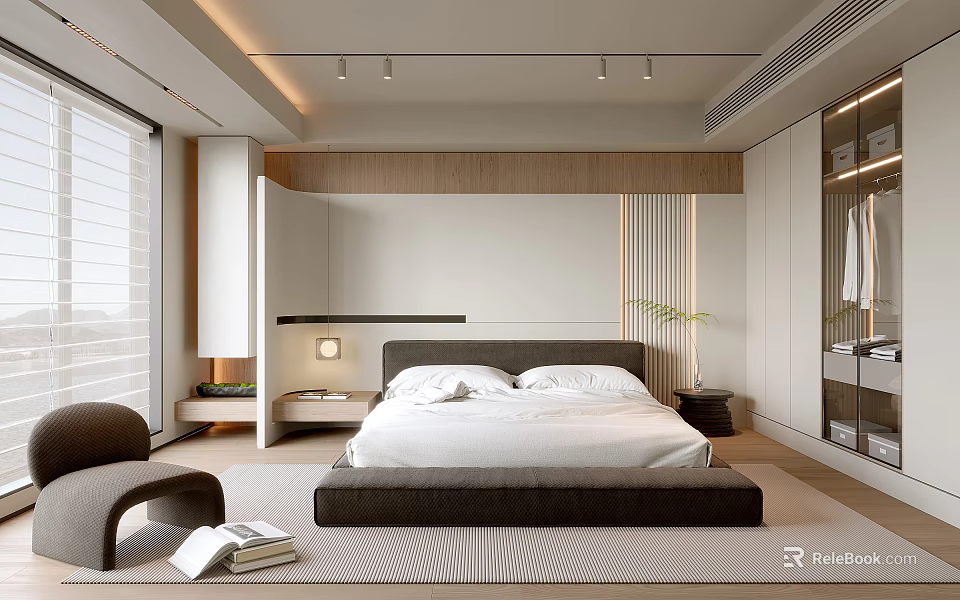 Modern Minimalist Bedroom Interior With King Bed Wardrobe LED Lights And Area Rug 3d model 
