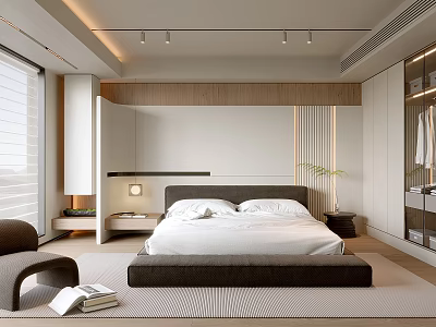 Modern Minimalist Bedroom Interior With King Bed Wardrobe LED Lights And Area Rug 3d model