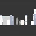 Modern Exhibition Booth Design With Blue White Display Stands And Tables