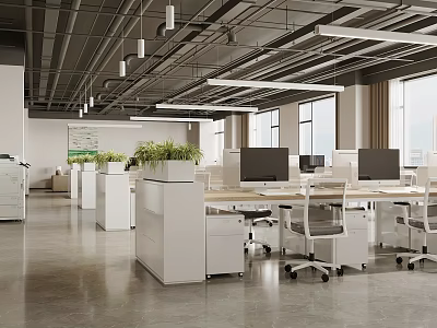 Modern Open Office Space With Workstations Monitors Potted Plants And Natural Light 3d model