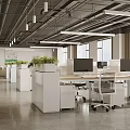 Modern Open Office Space With Workstations Monitors Potted Plants And Natural Light