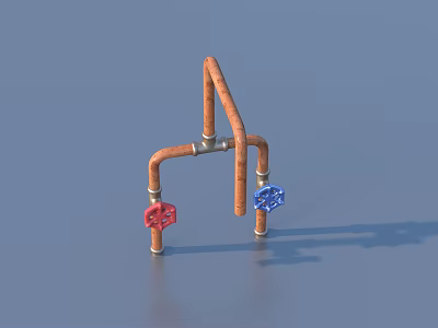 Copper Pipe Decorative Structure With Red And Blue Valves For Home Use 3d model