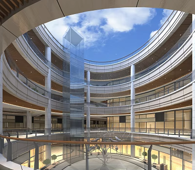 Modern Spacious Mall Atrium With Glass Elevator Multiple Floors And Blue Sky View 3d model