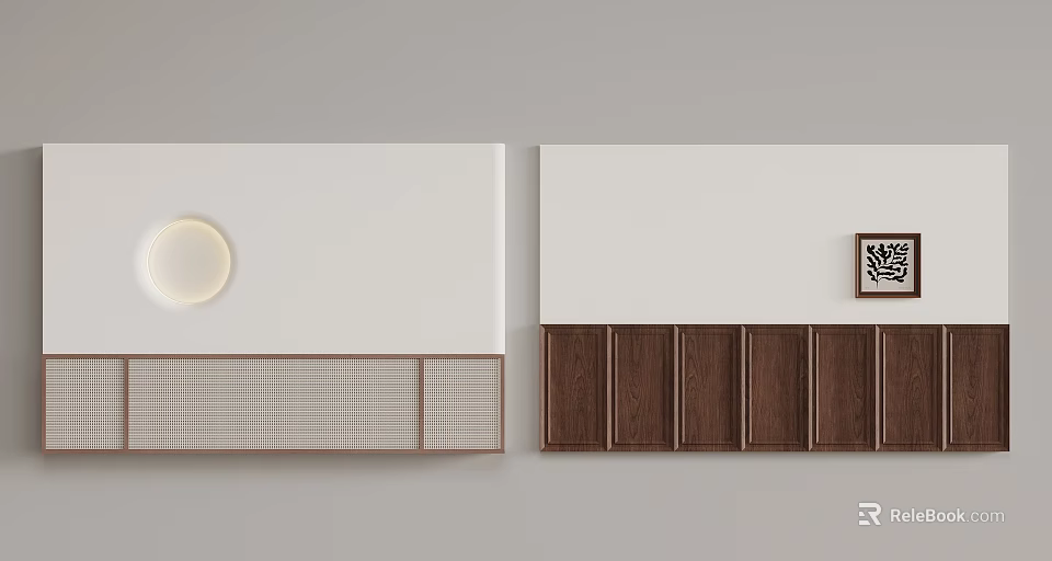 Modern Bedroom Accent Wall Design With White Panel Wooden Slats And Round Decor 3d model 