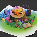 Cartoon Scenery with Pumpkin Lantern on Tree Stump Black Cat Colorful Mushrooms and Open Book