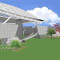 Modern Architectural Structure With Unique Curved Roof Grey Walls Glass Panels And Green Lawn