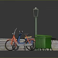Outdoor Urban Scene Featuring Wooden Boat Street Lamp Orange Motorcycle And Green Trash Bin