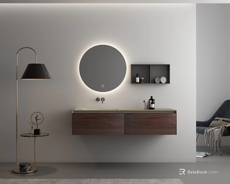 Modern Bathroom Vanity With Double Sink Round Backlit Mirror And Wall Shelves 3d model 
