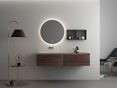 Modern Bathroom Vanity With Double Sink Round Backlit Mirror And Wall Shelves 3d model