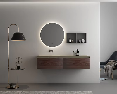 Modern Bathroom Vanity With Double Sink Round Backlit Mirror And Wall Shelves 3d model