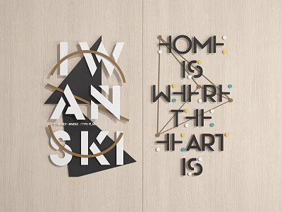 Modern Wall Decor With Geometric Typography Gold Accents And Colorful Dots On Wooden Surface 3d model