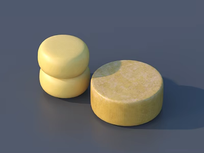 Two Stacked And One Single Round Yellow Cheese Blocks On Gray Background 3d model