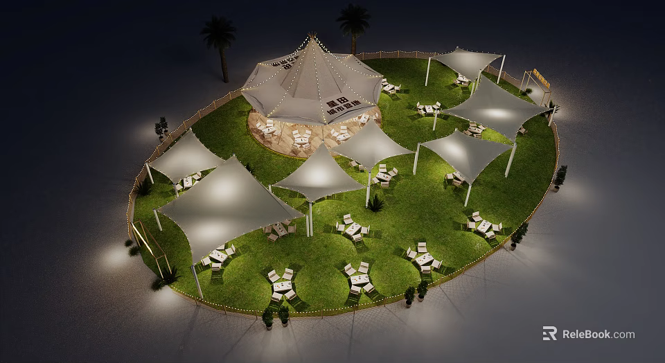Scenic Circular Photo Check In Spot With Large White Tent Grass Lawn And Palm Trees 3d model 