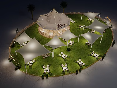 Scenic Circular Photo Check In Spot With Large White Tent Grass Lawn And Palm Trees 3d model
