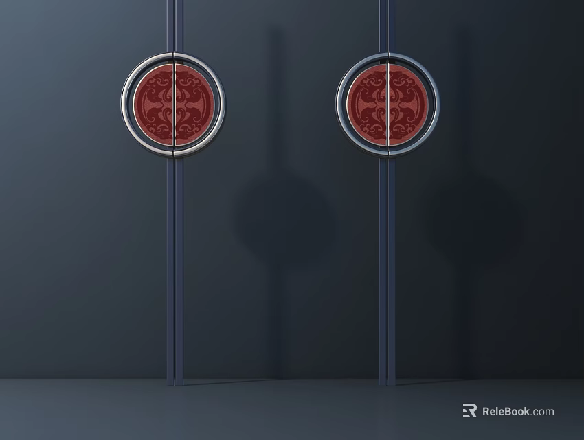 Round Red Decorative Door Handles With Metallic Frame And Dark Background Shadows 3d model 